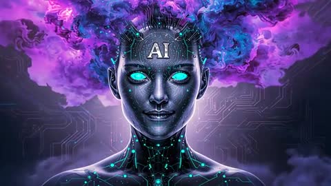 AI Android Emerging with Pulsing Neural Circuitry, Glowing Cyan Eyes and Nebula Crown