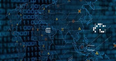 Digital World Map Overlay with Cybersecurity Dashboard Elements