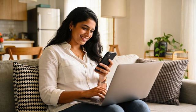 Smiling woman using smartphone and laptop on sofa in bright living room for remote work