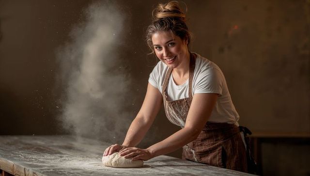Smiling baker kneading loaf with dramatic flour cloud in rustic warm-toned artisan bakery