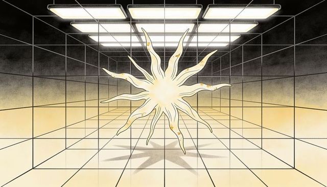 Floating luminous sun orb in mirrored grid chamber with golden flecks and reflection