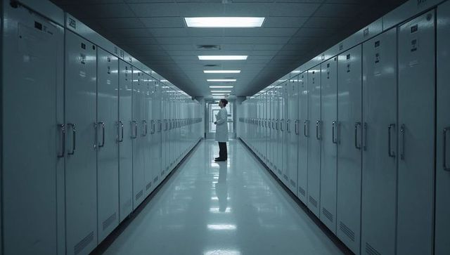 Technician holding tablet inspecting numbered ultra-low freezers in corridor for cold-chain logistic