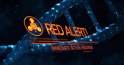Dna helix rotating with glowing hud red alert hologram displaying urgent action
