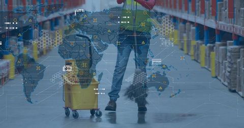 Mopping warehouse aisle with hi-vis cleaner and global logistics network overlay