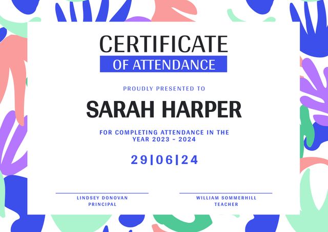 This vibrant Certificate of Attendance template features an abstract, colorful design on a white background. Ideal for schools and educational institutions wishing to recognize students for their attendance, it is digitally illustrated and can be easily personalized. Perfect for end-of-year ceremonies, academic achievements, or professional development seminars.