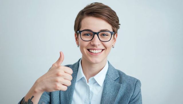 Confident businesswoman smiling and giving thumbs-up wearing glasses and gray blazer with tattoo