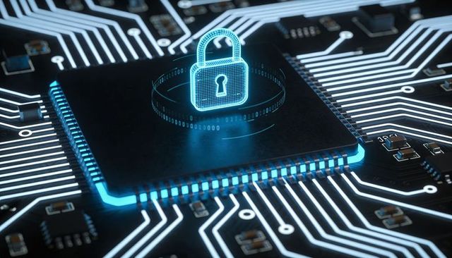 Holographic Neon-Blue Padlock Projecting from Secure Microchip on Futuristic Circuit Board