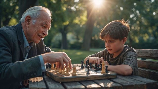 Elderly man teaching boy chess in park