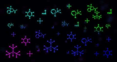 Colorful Chemical Formulas Against Black Background