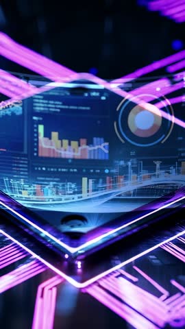 Neon microchip rotating over circuit with pulsing data dashboards | Vertical video