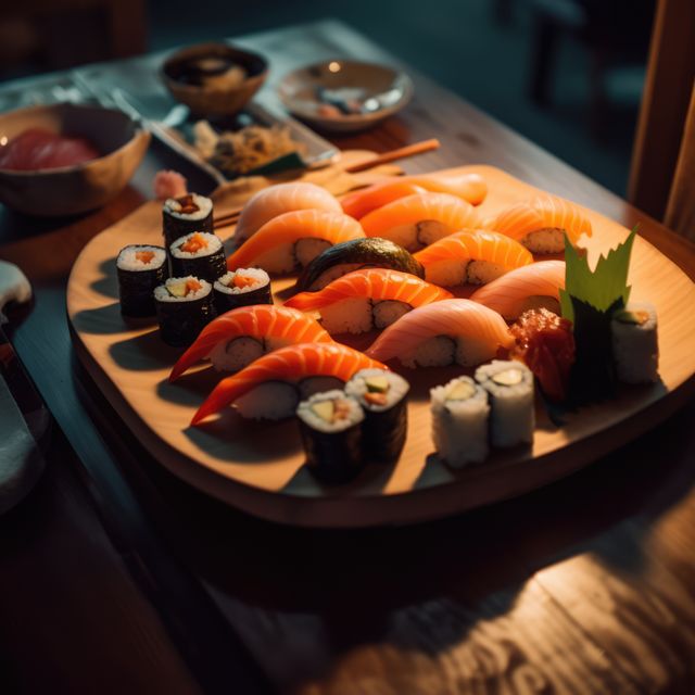 Close up of selection of sushi rolls on wooden plate, created using generative ai technology. Food, sushi and fresh japanese cuisine concept digitally generated image.