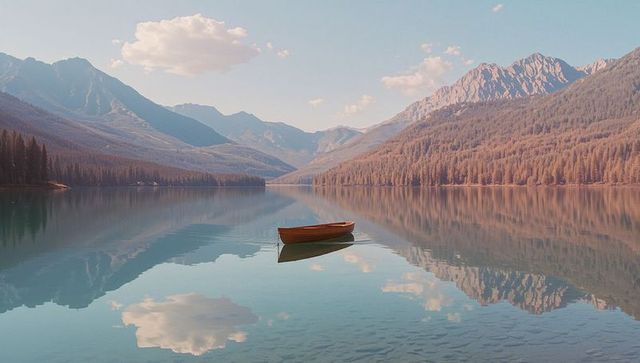 Floating rowboat on tranquil alpine lake with mountain reflections