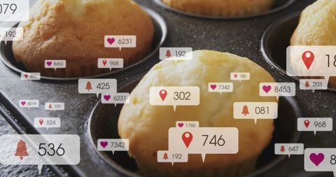 Single muffin with social media notification overlays showing likes alerts and location tags