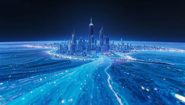 Futuristic skyline with illuminated skyscrapers at night