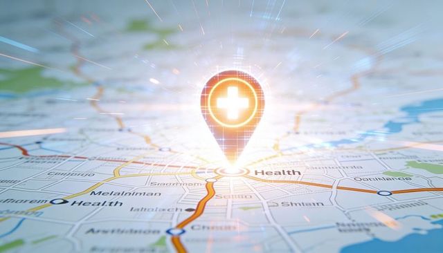 Highlighting health location with radiant medical pin on city map
