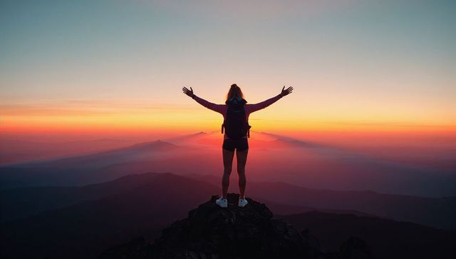 Triumphant Female Hiker Embraces Sunrise at Mountain Summit