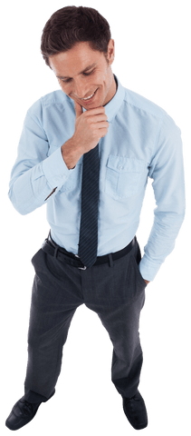 Transparent Thoughtful Businessman in Blue Checking Plans