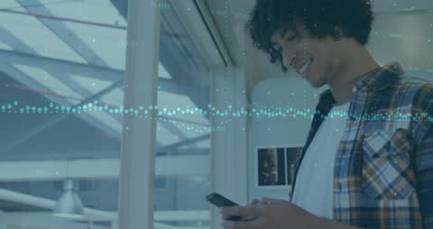 Business Professional Using Smartphone with Data Overlay