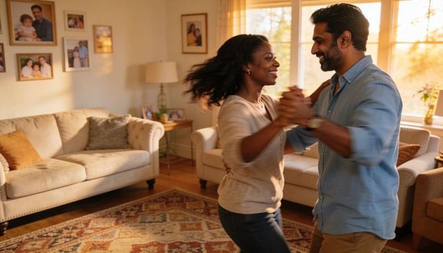 Couple dancing in sunlit living room, embracing movement and joyful home connection