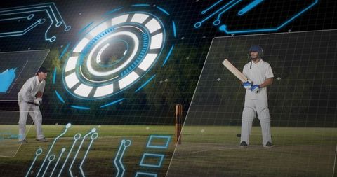 Standing batsman under floodlights in cricket gear with futuristic hud augmented reality overlay