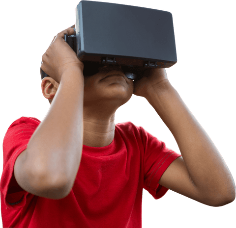 Boy Experiencing Virtual Reality with Headset on Transparent Background