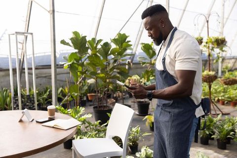 Urban greenhouse entrepreneur managing plant inventory and orders with tablet in nursery