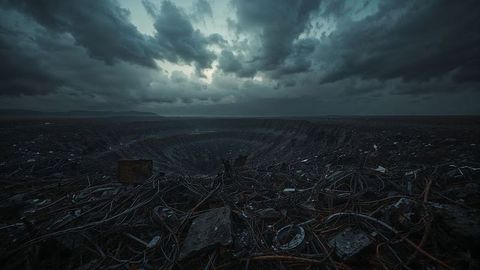 Mysterious crater with twisted metal cables in desolate airstrikes landscapes