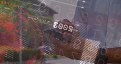 Man Interacting with Smartphone Amidst Digital Overlays