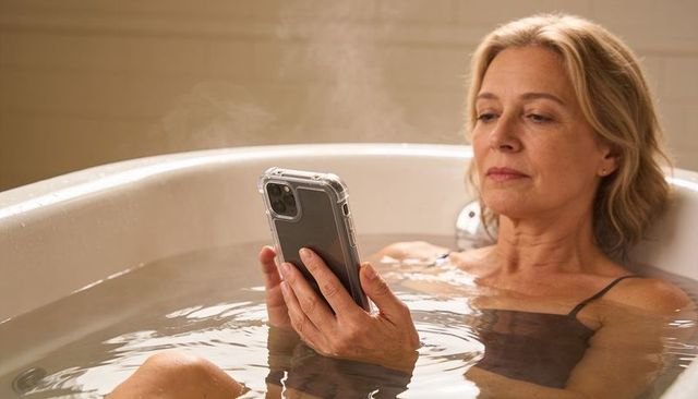 Mature woman relaxing in steaming bathtub scrolling smartphone private self-care moment