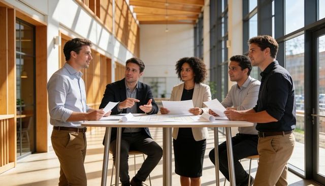 Architects and designers reviewing blueprints in bright modern office atrium