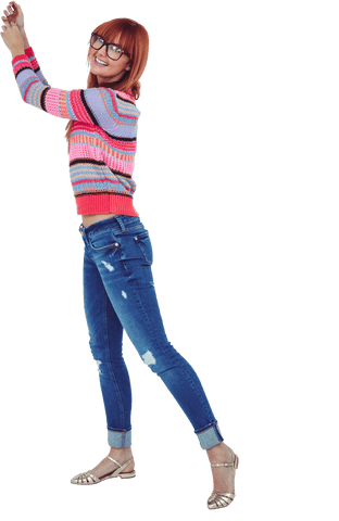 Happy Hipster Woman in Striped Sweater On Transparent Background