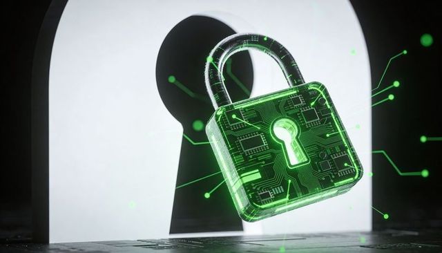 Futuristic Cybersecurity 3D Padlock Hovering with Neon Circuit Lines and Keyhole Portal
