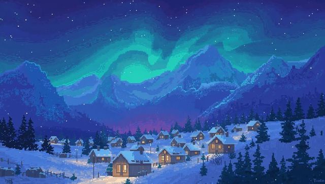 Cozy wooden cabins under aurora borealis in pixel art winter mountain village