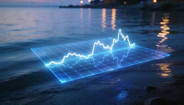 Holographic financial chart hovering above coastal shoreline at dusk, neon blue visualization