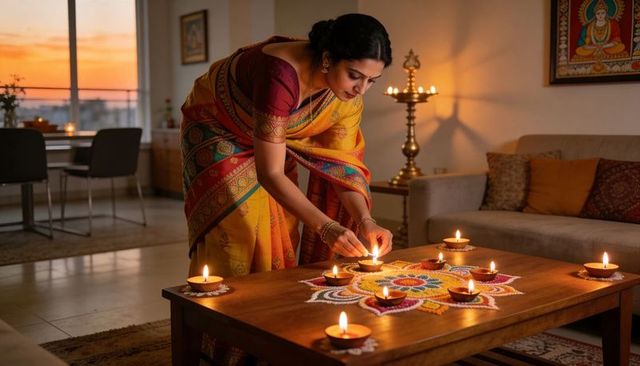 Indian woman lighting diyas on colorful rangoli in silk saree for diwali at sunset