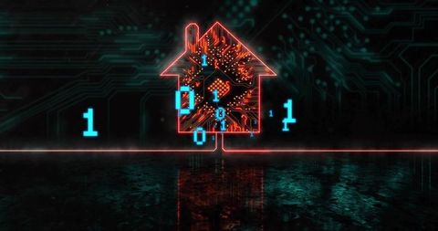 Futuristic home technology concept with neon house and binary code