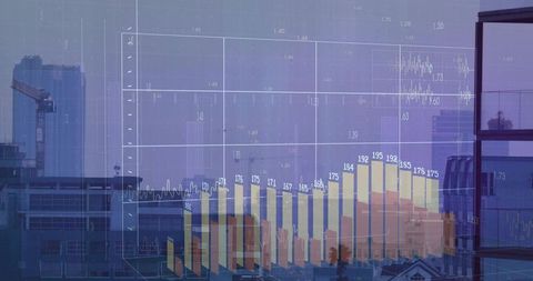 Data Visualization Overlay with Urban Skyline and Technological Grid