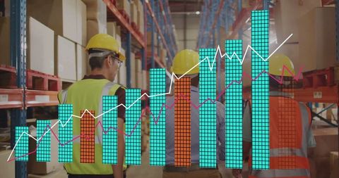 Workers in Warehouse Analyzing Inventory with Overlayed Data Chart