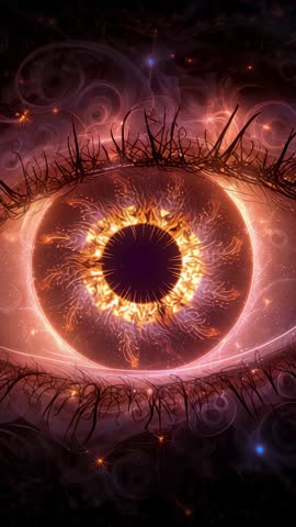 Shining Cosmic Eye Hovering in Space with Fiery Iris and Neural Filaments Vertical Video