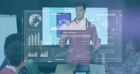 Business presenter showcasing interactive data dashboards and analytics for team collaboration