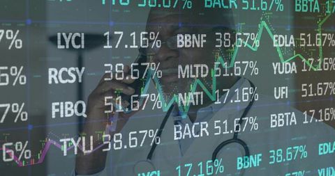 Doctor talking on phone monitoring stock market ticker overlay with medical analytics