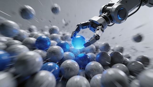 Grasping robotic arm picking glowing blue sphere among gray spheres in motion
