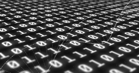 Glowing Binary Data Matrix with Helix Strands Flowing Across Monochrome Digital Landscape