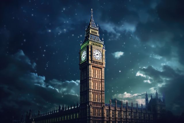 Big Ben tower glowing under night sky with clouds and stars in London, ideal for travel promotions, tourism brochures, culture and history articles, calendars picturing world landmarks, and London-themed artistic pieces.