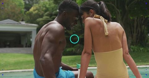 Couple Leaning Poolside Sharing Intimate Summer Moment Sunlit Backyard Swimwear