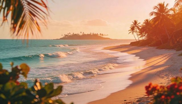 Golden sunset over tropical beach with palm trees and distant island horizon