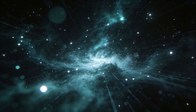 Turquoise Nebula Swirl Emitting Energy Pulse with Starfield and Particle Trails