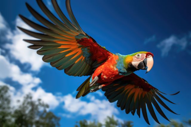 Beautiful shot of a macaw flying with wings spread wide against a clear blue sky with fluffy clouds. Bright plumage in red, yellow, green, and blue. Perfect for use in nature documentaries, educational materials about birds, or wildlife conservation campaigns.