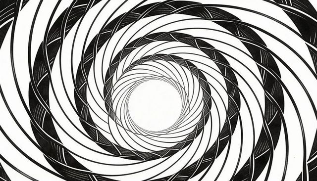 Spinning monochrome spiral vortex creating optical tunnel with concentric radial rings