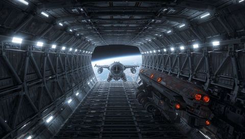 Armored Single-Engine Ship Approaching Hangar Bay, Freighter Thrusters Glowing Over Planet Horizon